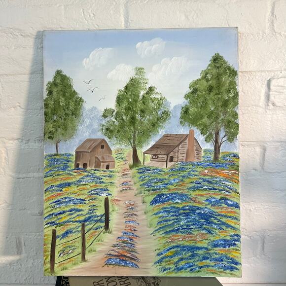 Vintage Farmhouse Landscape Painting | Hand-Painted Countryside Scene - Picture 2 of 10